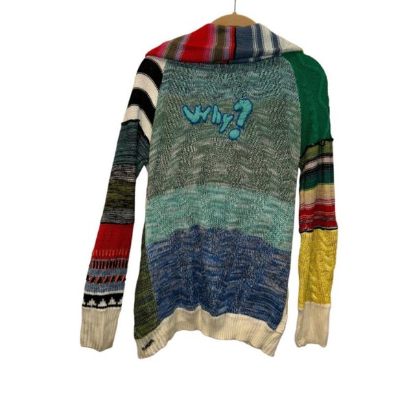 desigual "WHY?" embroidered back mixed patchwork cardigan sweater m 38 b… - Picture 1 of 4